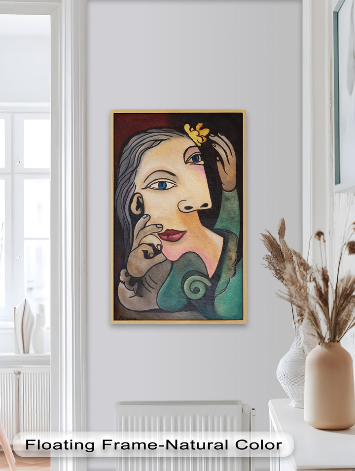 Whimsical Bloom – Surreale Frau mit gelber Blume Picasso Ölgemälde