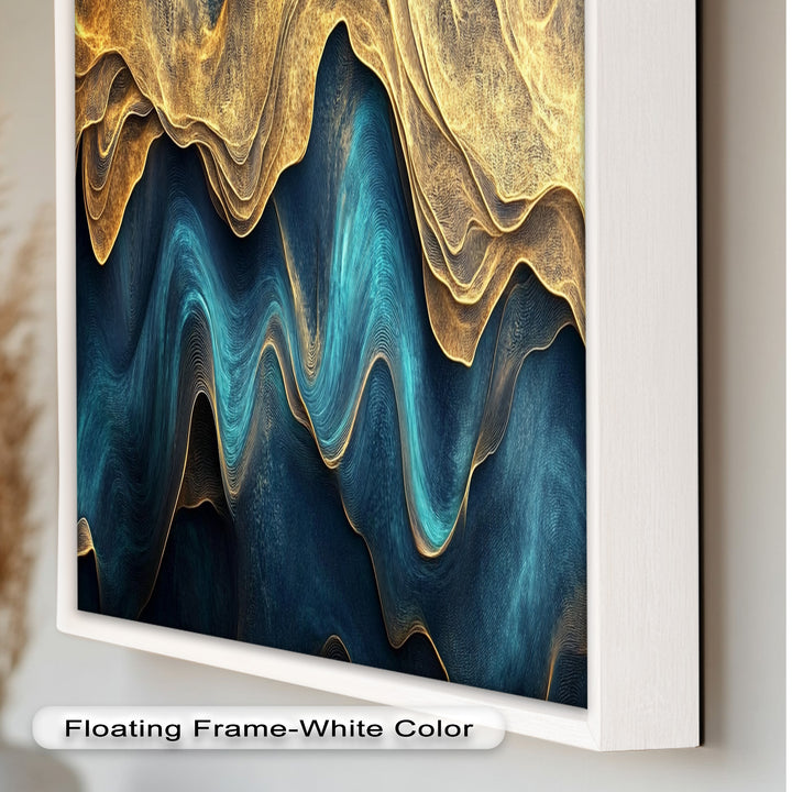 Flowing Teal & Gold Waves – Abstract Oil Painting