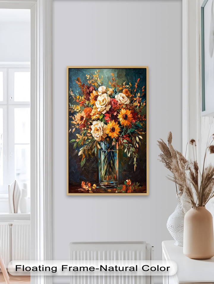 Üppiger Blumenstrauß in Glasvase - Blumenölgemälde