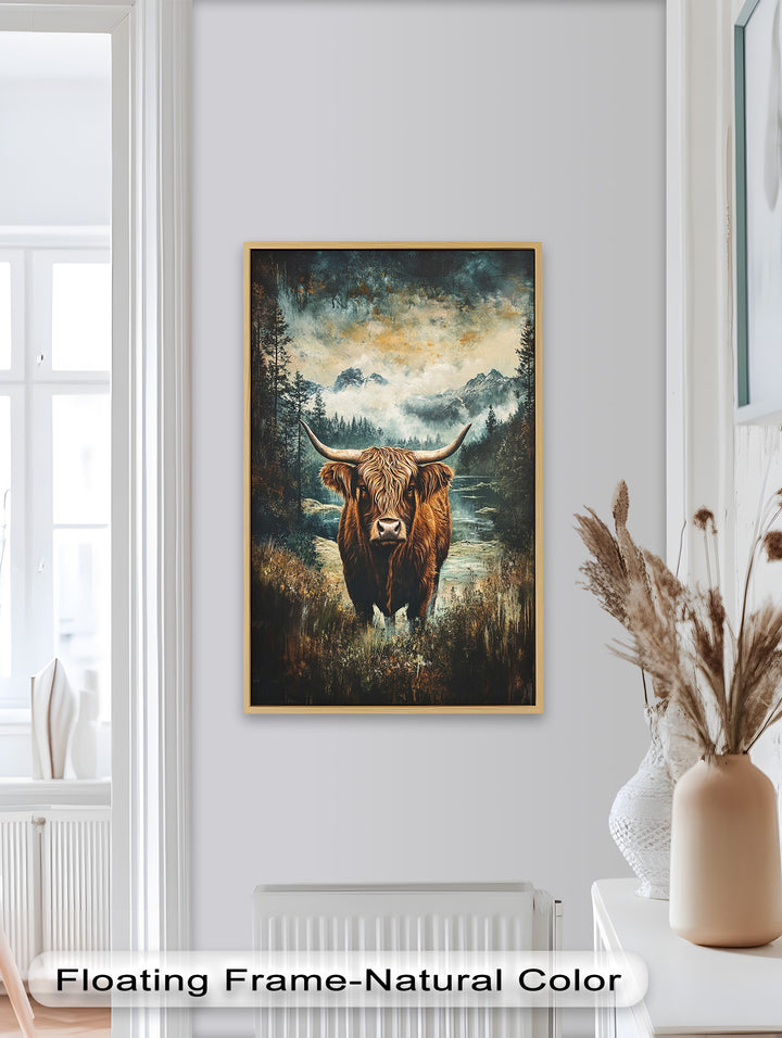 Highland Cow in Misty Pines – Wilderness Oil Painting