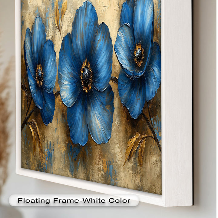 Golden Beige Elegance – Royal Blue Floral Trio Flower Oil Painting