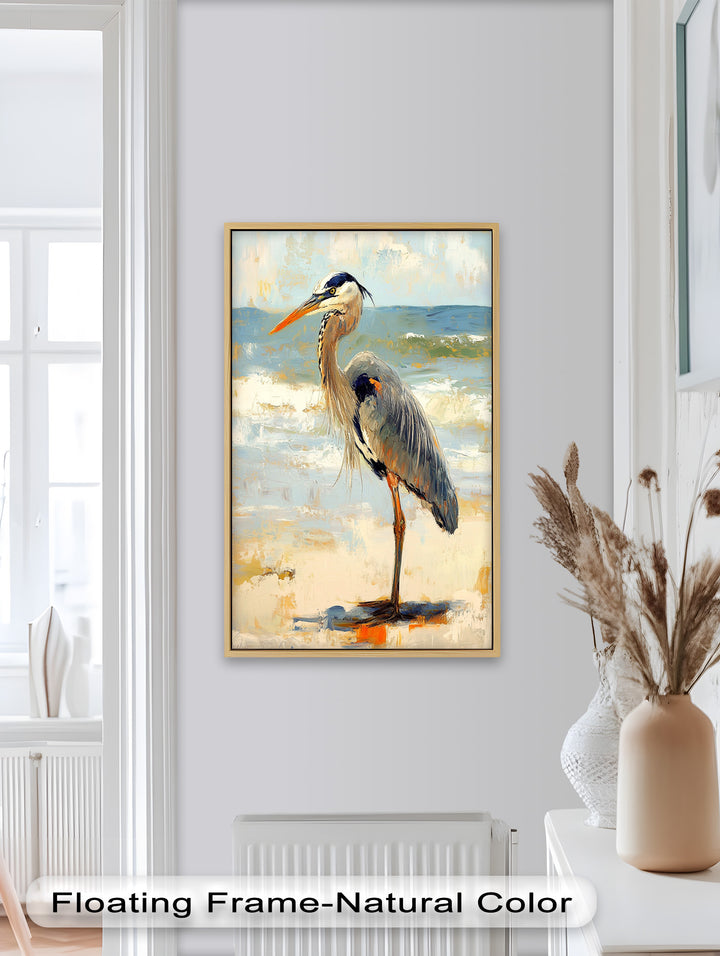 Elegant Heron Standing on Shoreline – Framed Oil Painting