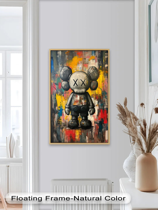 Highlighting the layering effect, this KAWS companion oil painting wall art showcases urban grit through textures and vivid colors blended with a monochrome icon.
