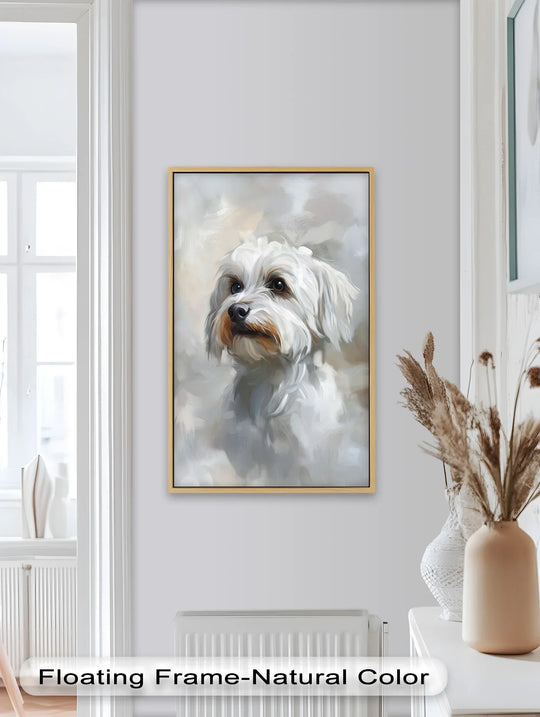 Foreground shows a captivating white Maltese portrait in oil painting artwork, bringing a snowy gaze and soft brushwork to this emotive animal art piece.