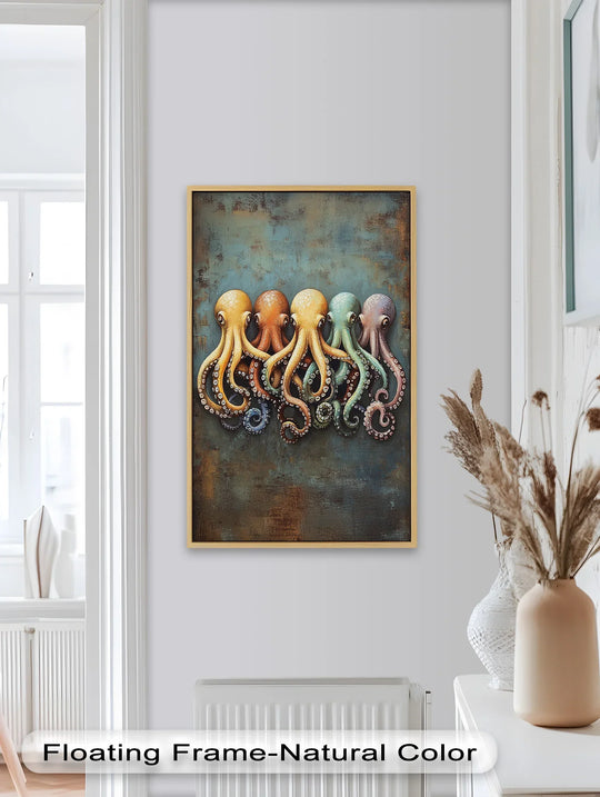 Gradient hues vividly transform in this whimsical octopus oil painting home decor, transitioning between yellow, orange, teal, and lavender.
