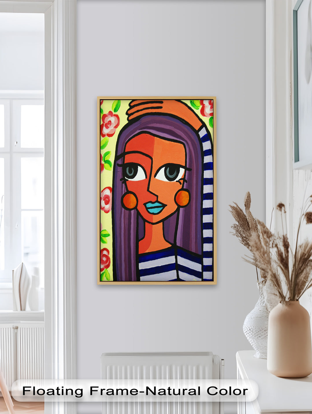 Striped Radiance – Playful Woman with Purple Hair Picasso Oil Painting
