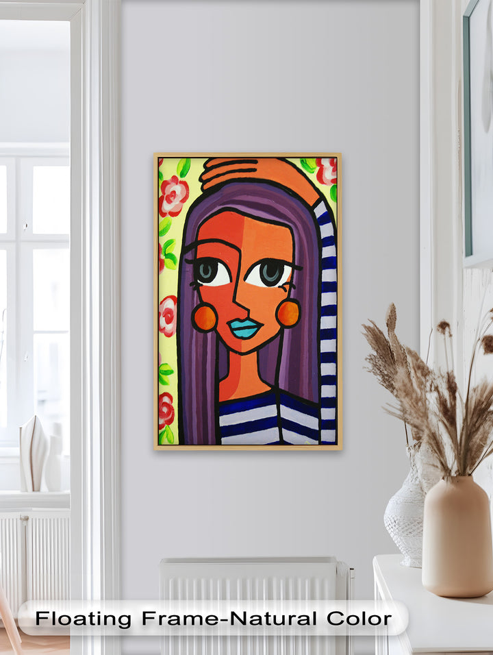 Striped Radiance – Playful Woman with Purple Hair Picasso Oil Painting