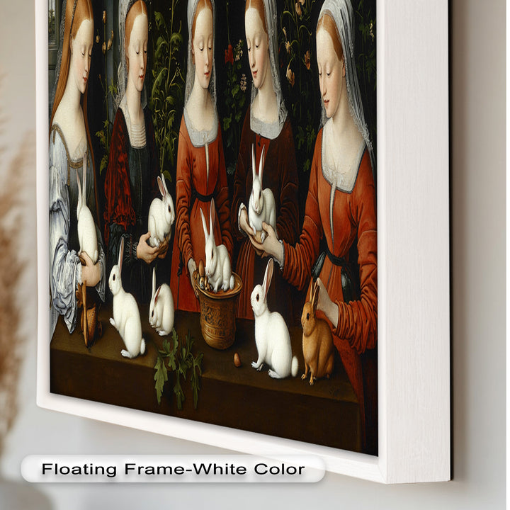 Maiden Garden Gathering – Renaissance Rabbit Portrait Oil Painting