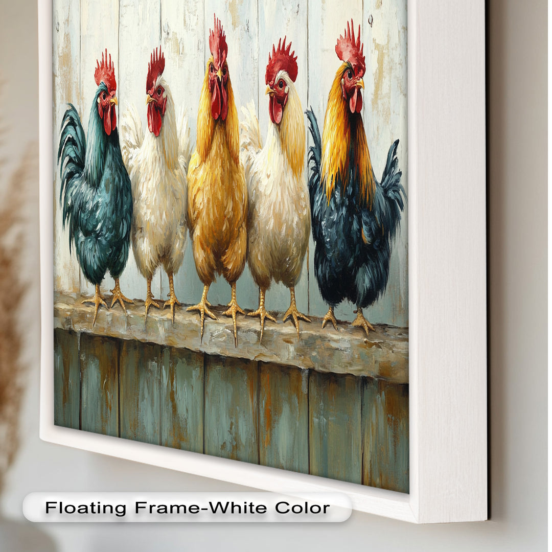 Colorful Roosters on a Wooden Fence – Animal Oil Painting