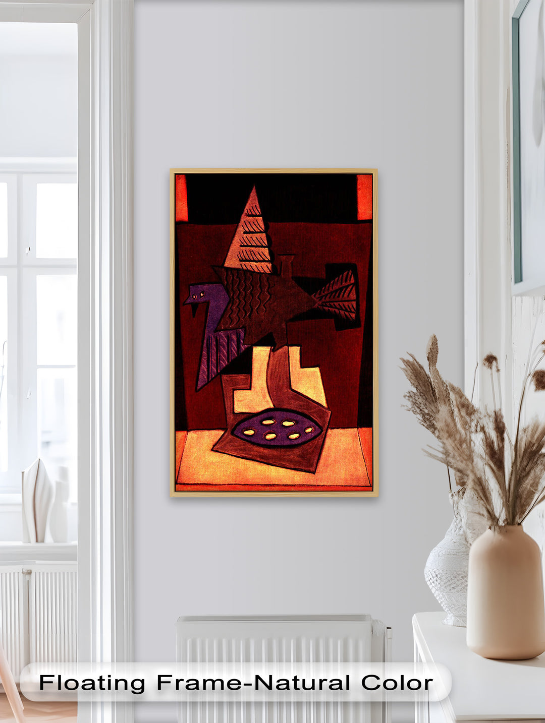 A modern art depiction of a bird with angular wings and surreal surroundings, rendered in dramatic reds and purples.


