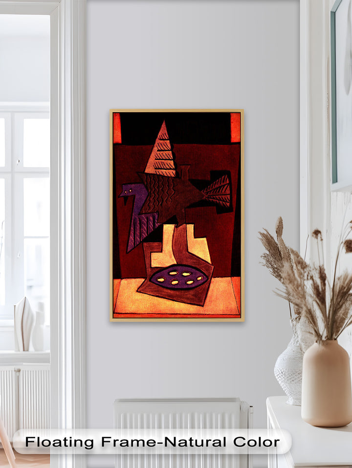 A modern art depiction of a bird with angular wings and surreal surroundings, rendered in dramatic reds and purples.

