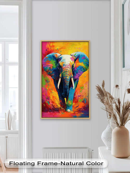 Foreground detail reveals the vibrant, colorful brushstrokes defining the elephant in this animal oil painting artwork, a captivating explosion of color.