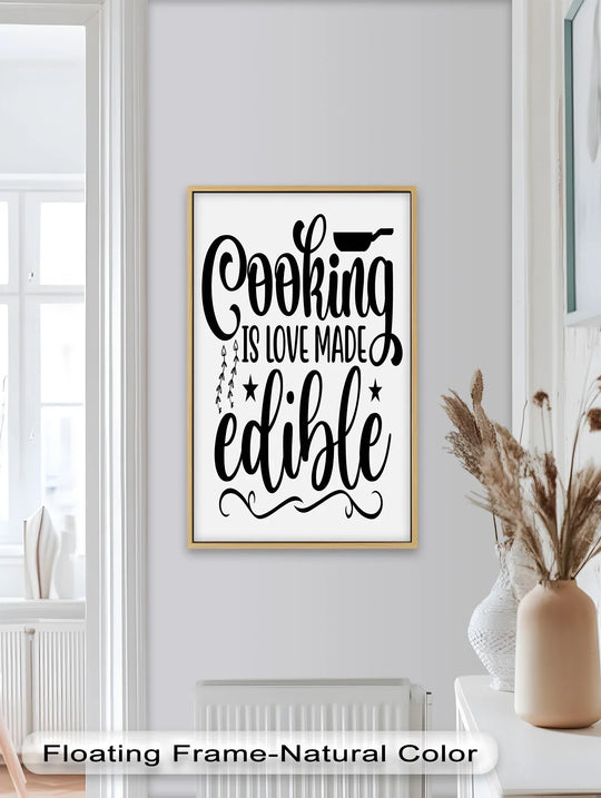 Visual rhythm is achieved in this framed oil painting home decor showcasing 'Cooking Is Love Made Edible' with its balanced lettering and simple embellishments.