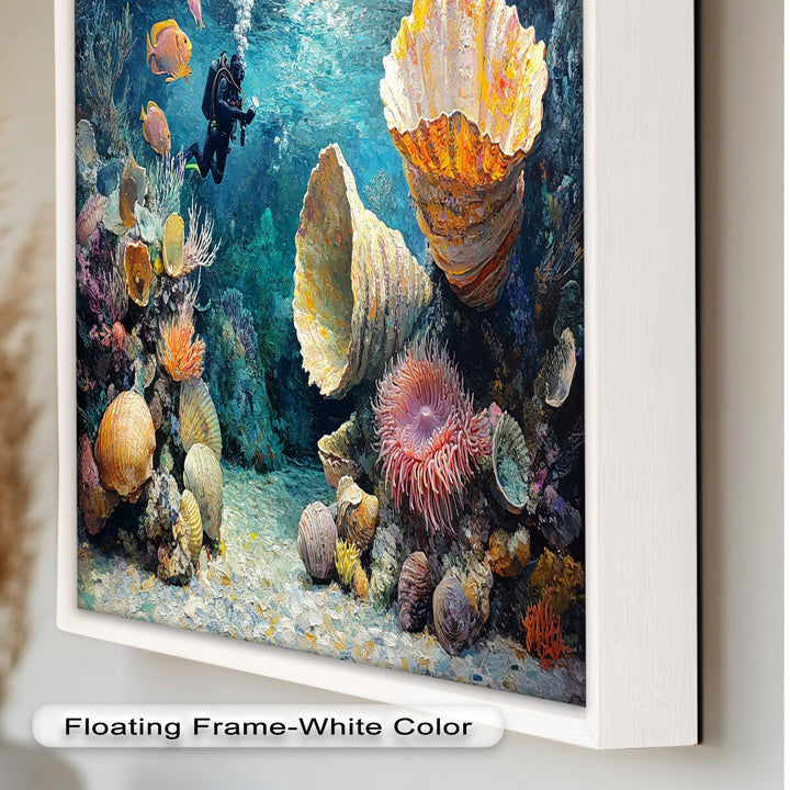 Diver Exploring Coral Reefs with Giant Shells - Animal Oil Painting