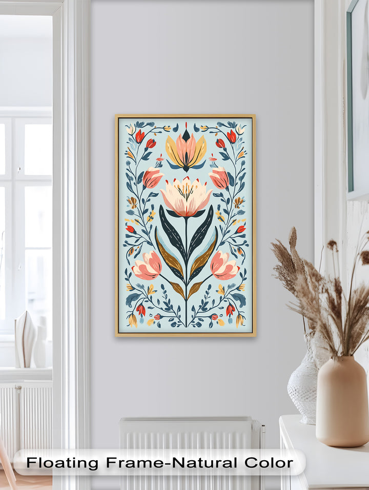Folk-inspirierte Tulpenharmonie – Boho-Blumenölgemälde