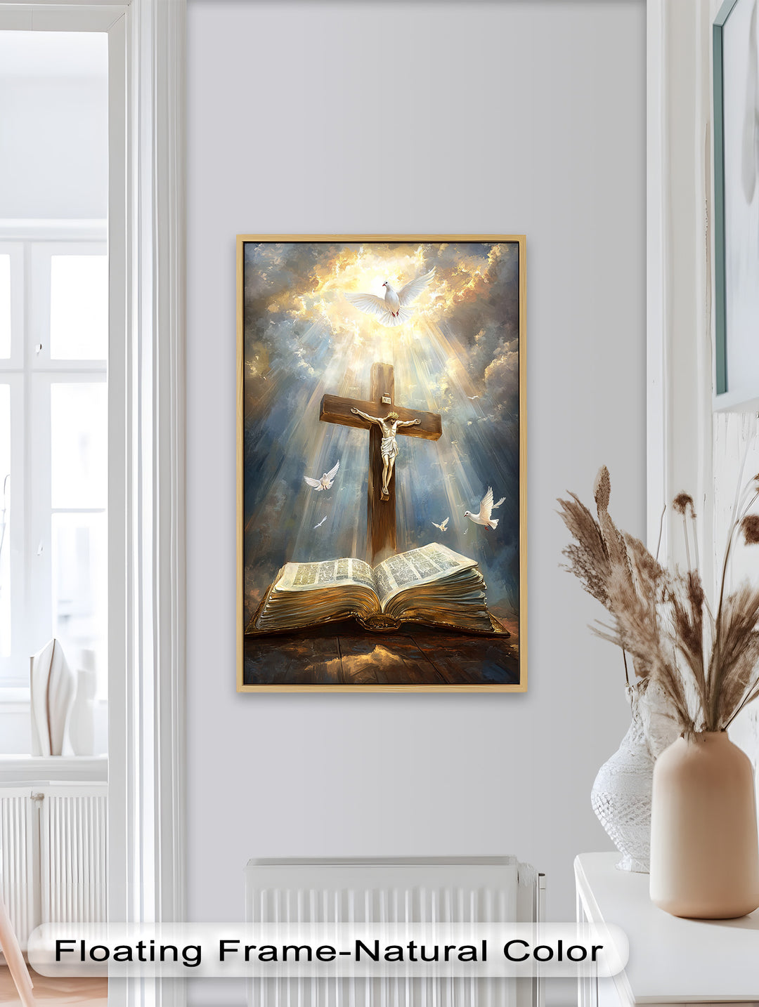 Jesus on the Cross with Open Bible and Doves - Oil Painting