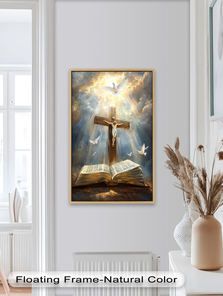 Jesus on the Cross with Open Bible and Doves - Oil Painting