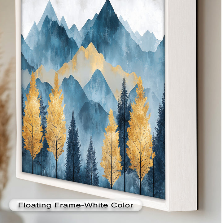 Blaue und goldene Aquarell-Berglandschaftskunst – Atemberaubende Ölgemälde