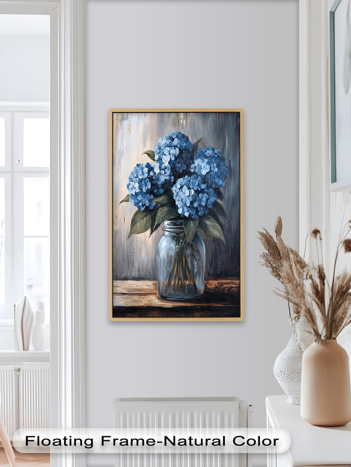 Blaue Gelassenheit – Hortensienblüten im Einmachglas, Blumenölgemälde