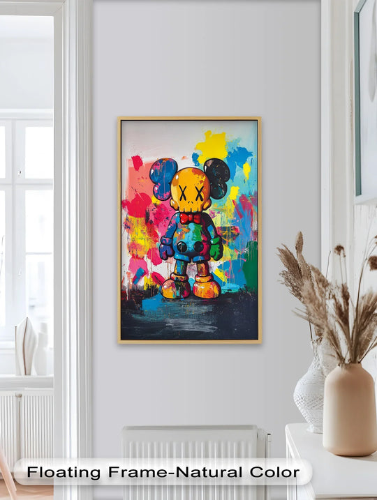 Brushstrokes and splatters convey a dynamic sense of movement in this color riot companion oil painting reproduction print, making the KAWS-inspired figure seem to dance.