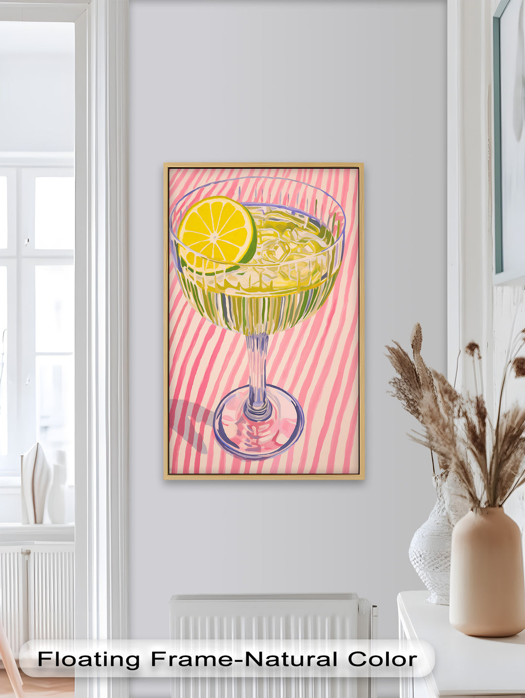 This bold and refreshing artwork features a crystal glass filled with a lime-infused drink, set against a playful pink-striped background.

