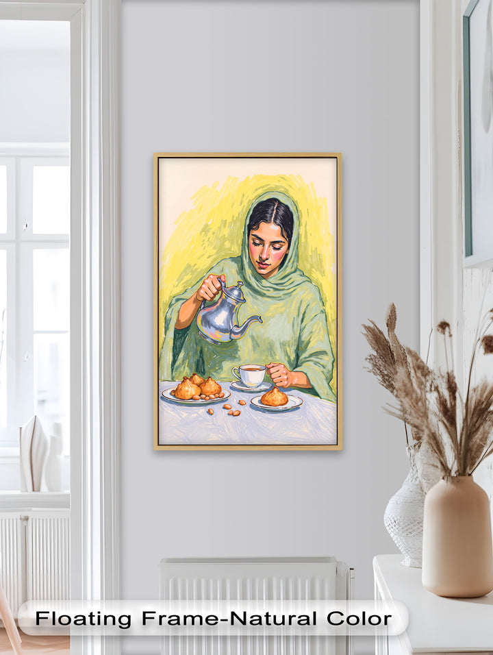 Woman Pouring Tea with Traditional Sweets - Food Painting