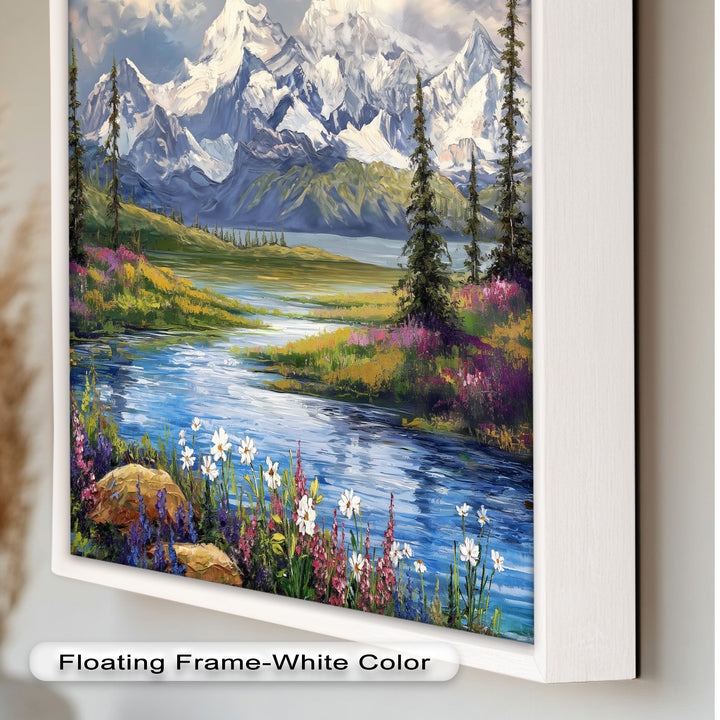 Vintage Mountains & River – Framed Oil Painting