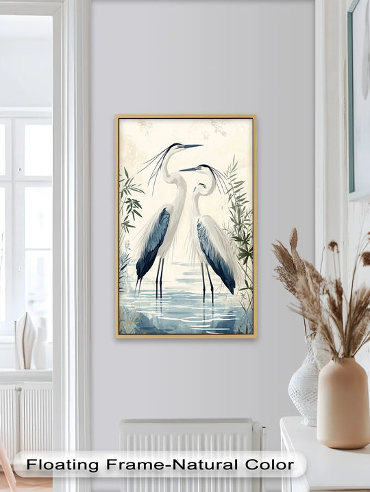 Minimalist negative space surrounds the modern oil painting art featuring a graceful duo of herons in a tranquil, stylized composition on a Twin Herons in Harmony print.