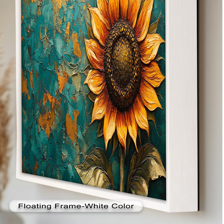 Sunflower on Textured Teal - Flower Oil Painting