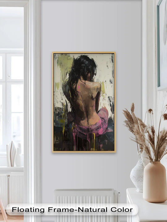 Brushstrokes of the oil painting art piece accentuate the expressive figure in 'Whispers of Silence,' making it the loudest element of this contemporary oil painting.