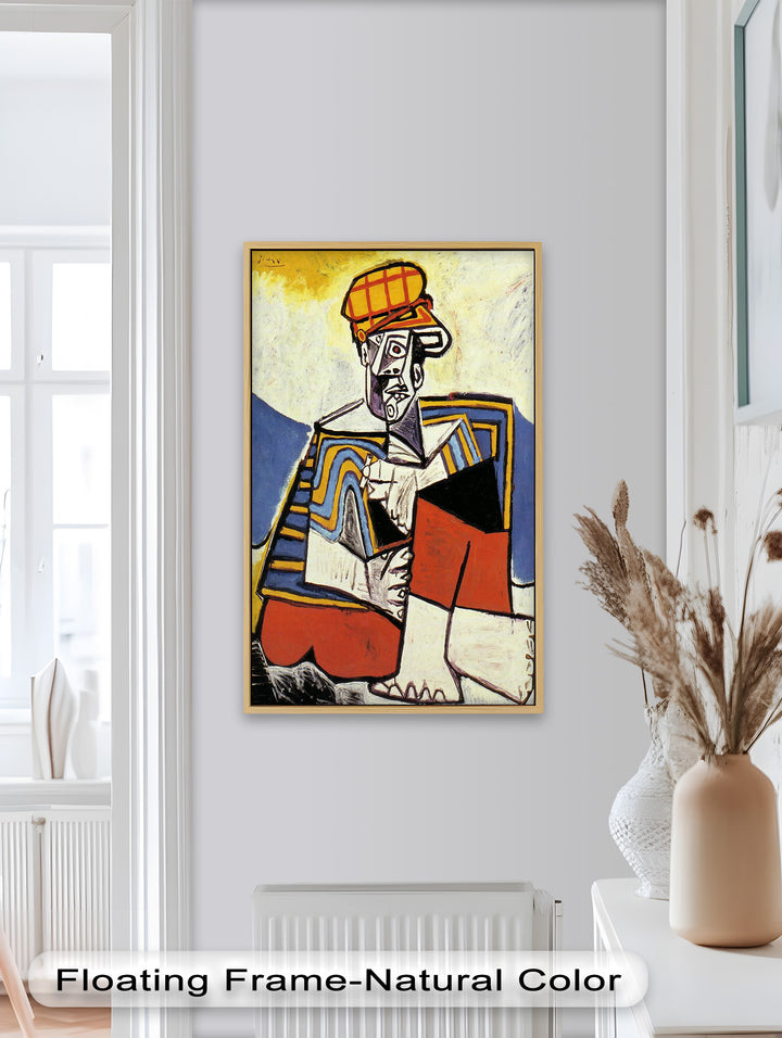 A striking modernist figure with a fractured face and patterned clothing, set against a minimal, expressive background.


