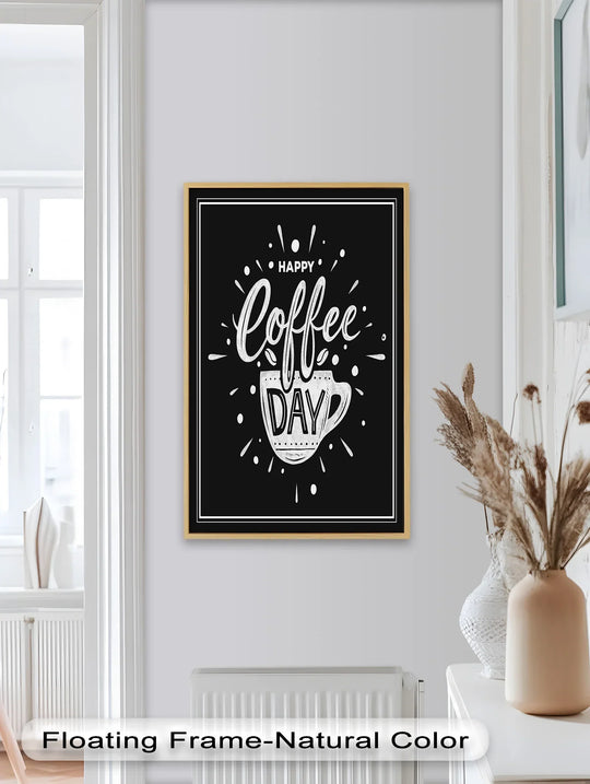 Highlighting the edge, the black borders perfectly frame the modern oil painting art, enriching the 'Happy Coffee Day' typography in this fun and vivid artwork.