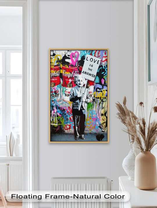 Holding a 'Love is the Answer' sign, Einstein is the brightest part of this Banksy-style oil painting, a vibrant piece of oil painting home decor.