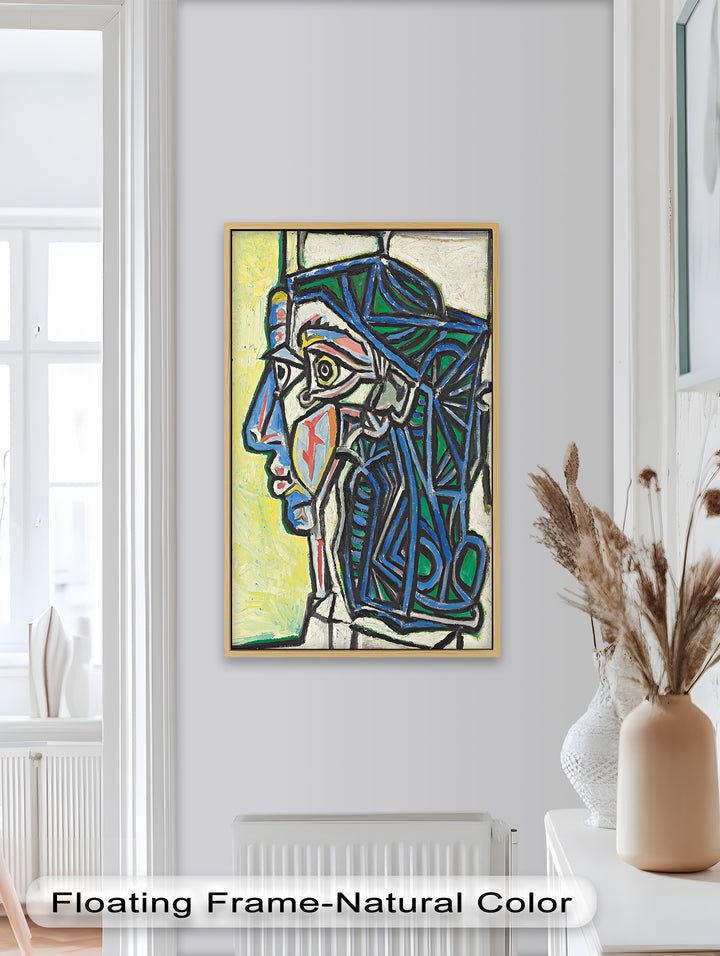 Angular Gaze – Geometric Portrait with Blue and Green Lines Picasso Oil Painting