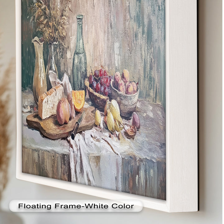 Rustic Fruit & Bread Still Life – Framed Oil Painting