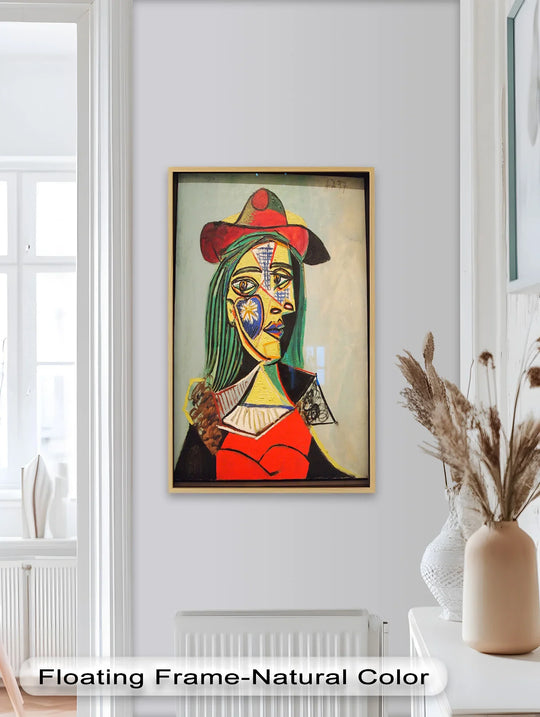 High color saturation distinguishes this oil painting decoration, showing a woman in a red hat with the bold geometric shapes typical of a Cubist portrait.