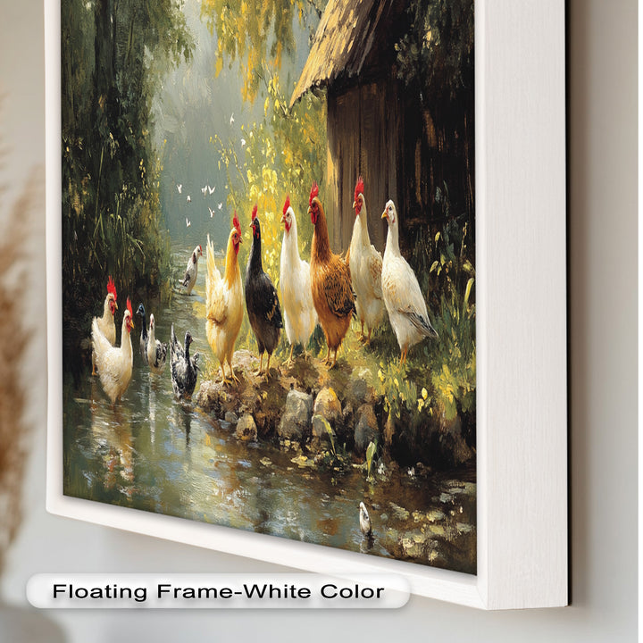 Country Farmyard Chickens by the Stream – Animal Oil Painting