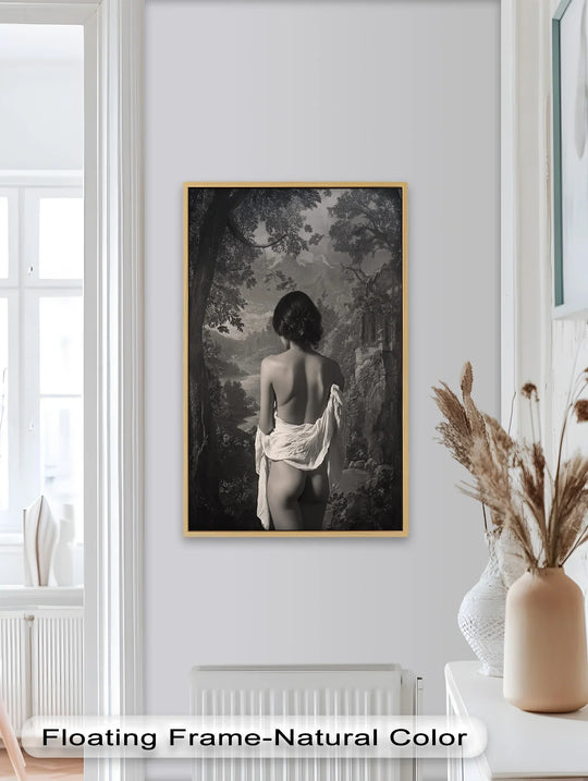 The stillness in the monochrome oil painting home decor highlights the solitary nude figure amidst the lush, silent classical landscape.