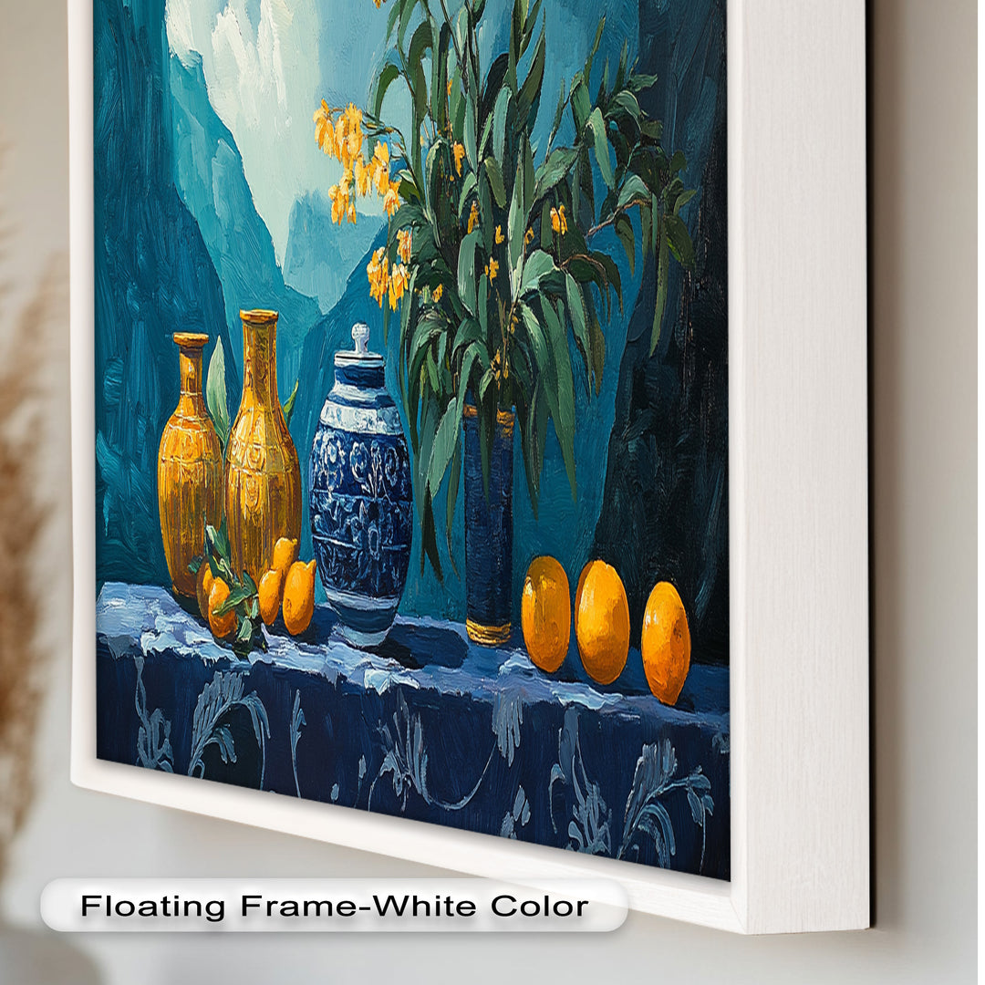 Blue & Yellow Vase Citrus Still Life – Framed Oil Painting