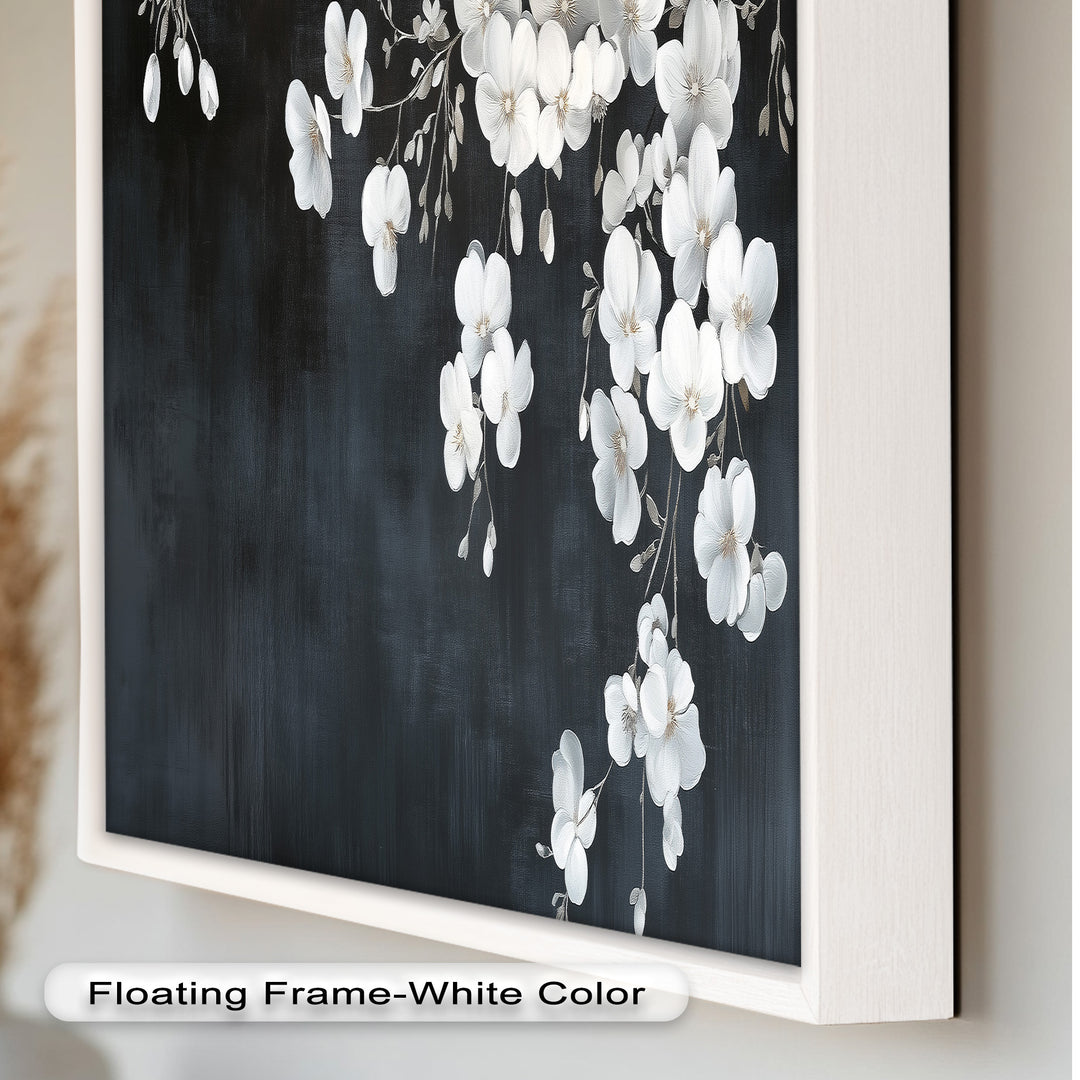 White Cherry Flowers on Midnight Blue - Flower Oil Painting