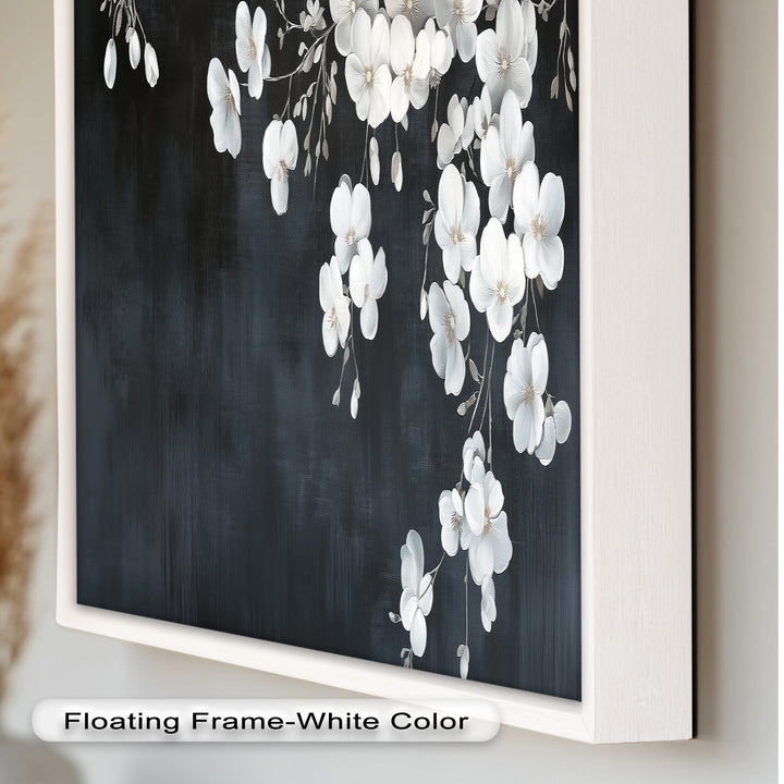 White Cherry Flowers on Midnight Blue - Flower Oil Painting