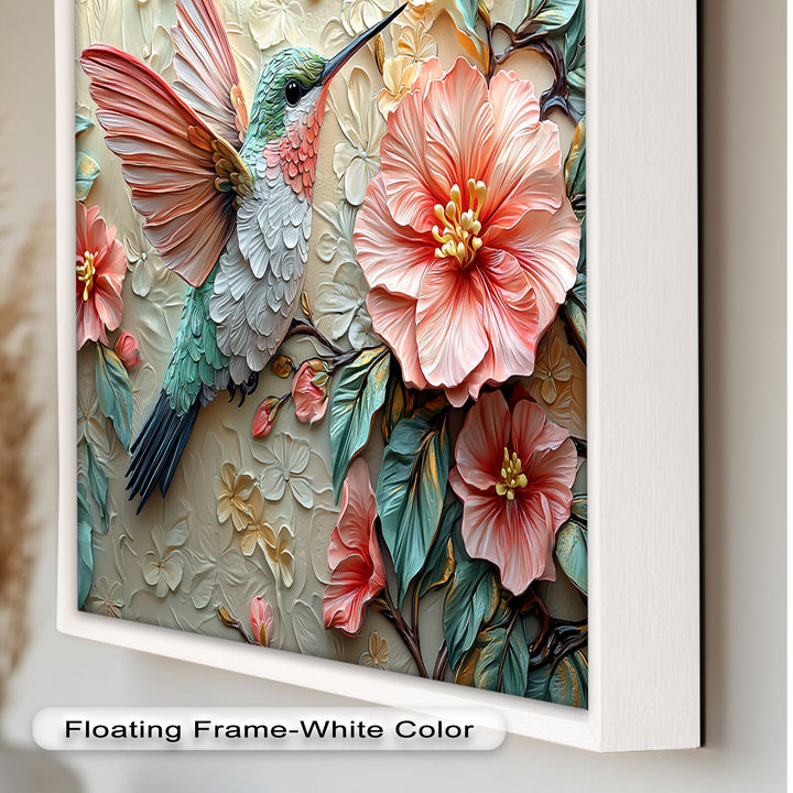Spring Hummingbird with Pink Flowers – Framed Oil Painting
