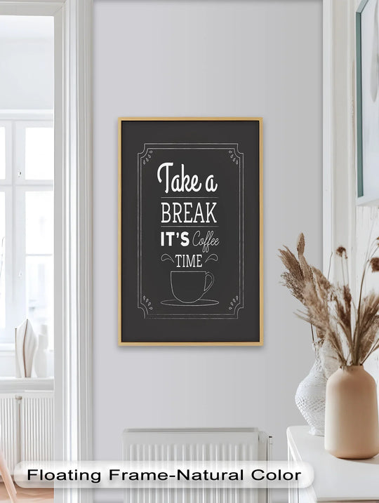 Delicate depth and layers showcase the Take a Break – Coffee Time oil painting artwork with a chalkboard-style design that adds dimension.