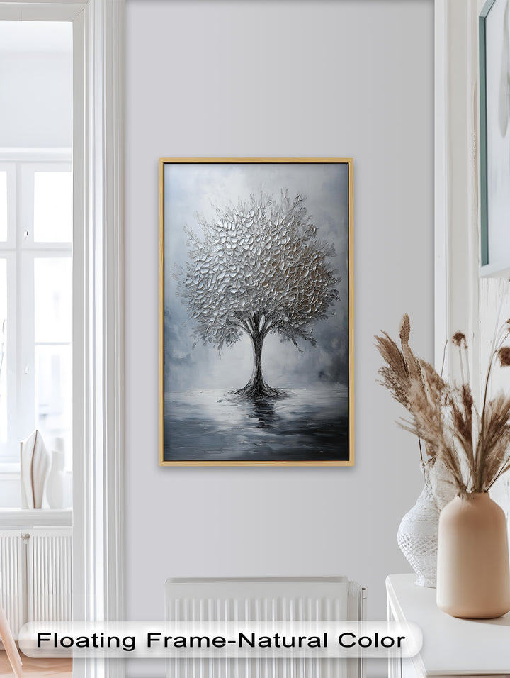 Silver Stillness – Tree in Monochrome Abstract Oil Painting