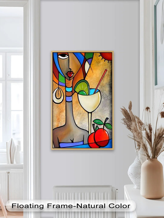 Surface texture showcases the painterly strokes and color blending of this tropical gaze vibrant cocktail muse Picasso modern oil painting art.