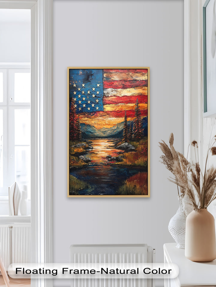 Amerikanische Flagge Sonnenuntergang Landschaft - Patriotisches Ölgemälde