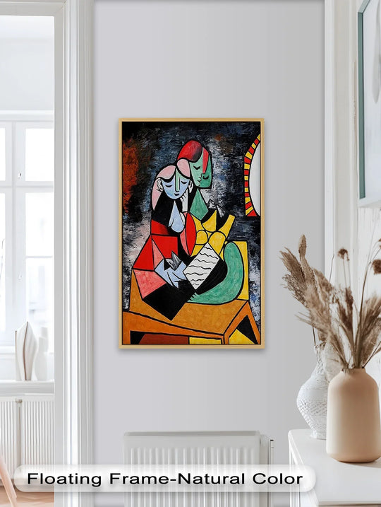 Displaying its abstract quality, the 'Embrace in Color' Picasso-inspired oil painting features bold colors and geometric forms in an engaging example of oil painting decoration.