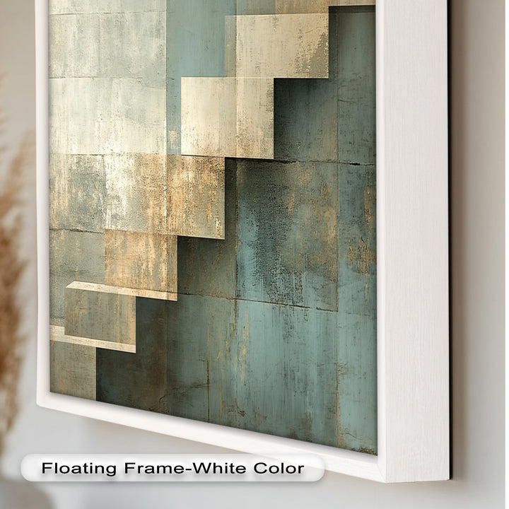 Geometrische Schritte Abstrakt – Blau &amp; Beige Modernes Ölgemälde