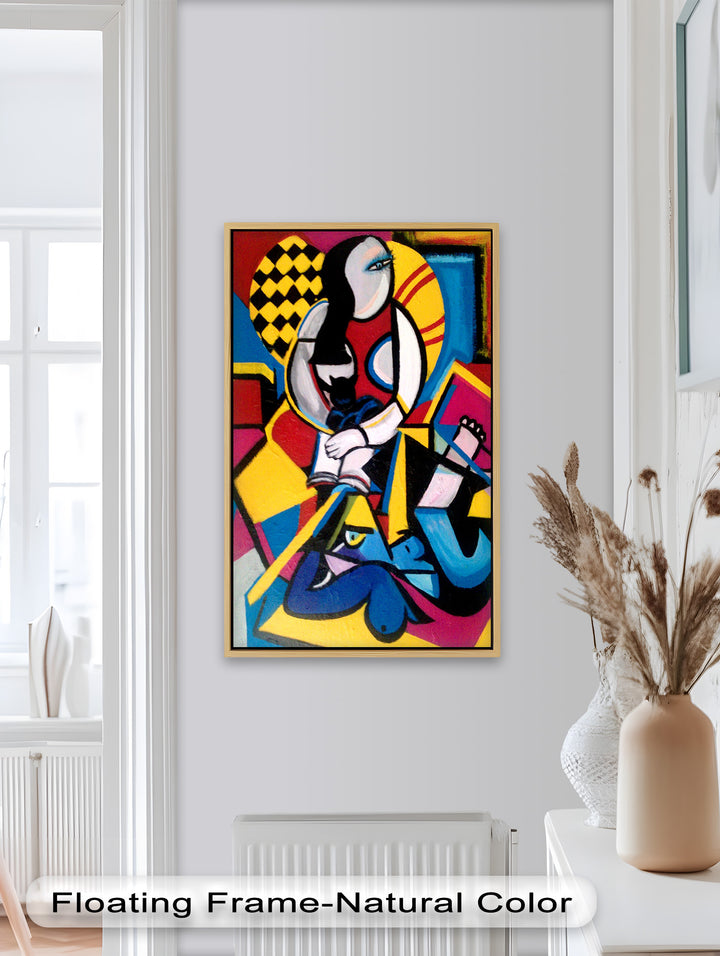 A colorful and expressive abstract scene blending human and animal figures within a fragmented, geometric environment.