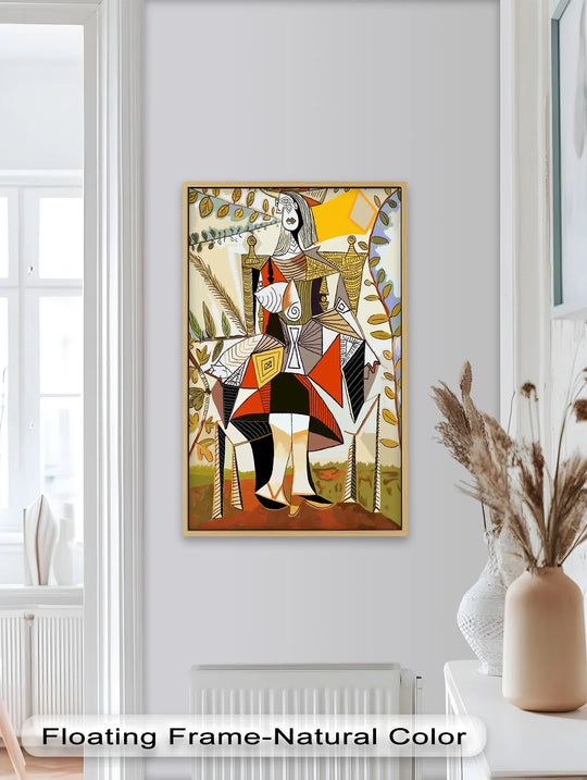 Vivid color contrast defines this Picasso-style cubist queen among leaves, an expressive oil painting decoration featuring bold geometric shapes.